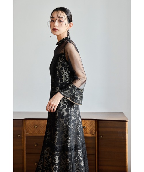 フラワーレースチュール切替フレアドレス パーティードレス