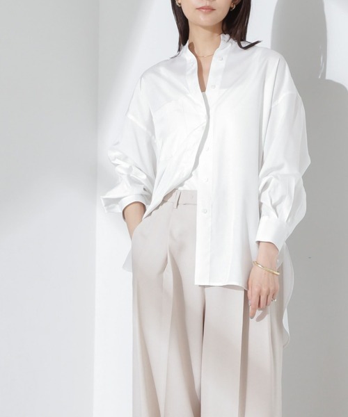 NANO universe（ナノユニバース）の「とろみバンドカラーシャツ（シャツ/ブラウス・レディース・ホワイト/ネイビー/ピンク・FREE）」の2枚目の写真