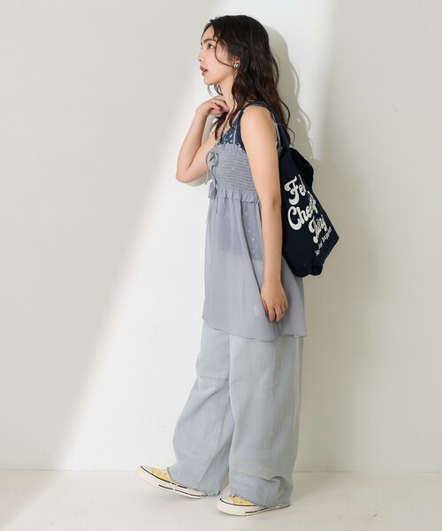 FREAK'S STORE(フリークスストア)の「シアーシャーリング キャミソールミニワンピース/リボンキャミソール チュニック(チュニック・レディース・グレー/ブラック・フリ-)」の4枚目の写真