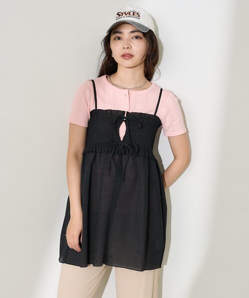FREAK'S STORE(フリークスストア)の「シアーシャーリング キャミソールミニワンピース/リボンキャミソール チュニック(チュニック・レディース・グレー/ブラック・フリ-)」の10枚目の写真