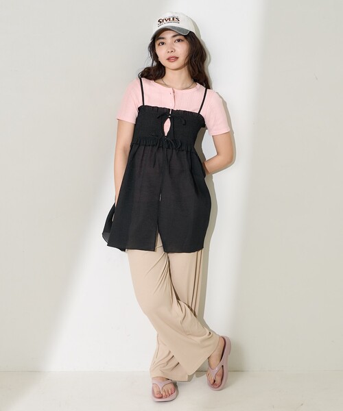 FREAK'S STORE(フリークスストア)の「シアーシャーリング キャミソールミニワンピース/リボンキャミソール チュニック(チュニック・レディース・グレー/ブラック・フリ-)」の11枚目の写真