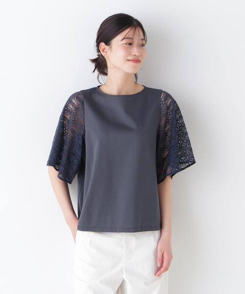 human woman(ヒューマンウーマン)の「◆【接触冷感】ラッセルレースドッキングカットソープルオーバー(Tシャツ/カットソー・レディース・グレー系その他/ホワイト・MEDIUM)」の14枚目の写真