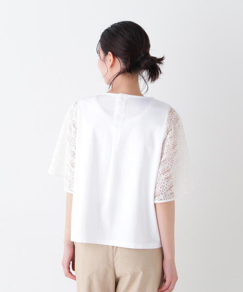 tシャツ 「L」「ウォッシャブル」「接触冷感」ラッセルレースコンビスムースプルオーバーカットソー レディース TRANS WORK｜【ウォッシャブル】【接触冷感】ラッセルレース
