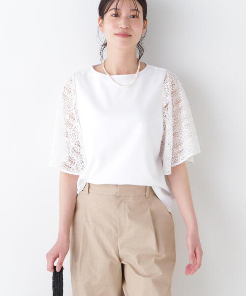 human woman(ヒューマンウーマン)の「◆【接触冷感】ラッセルレースドッキングカットソープルオーバー(Tシャツ/カットソー・レディース・グレー系その他/ホワイト・MEDIUM)」の2枚目の写真