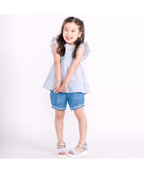 SLAP SLIP（スラップスリップ）の「袖レースクロシェ編みドッキングチュニック(80~130cm)（シャツ/ブラウス・キッズ・ピンク/ブルー・90cm/100cm/130cm/120cm/110cm/80ｃｍ）」の3枚目の写真