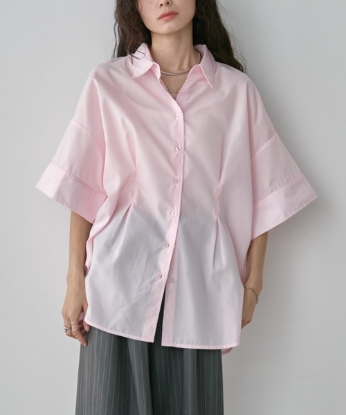 Aunt Marie's(アントマリーズ)の「フロントタックハーフスリーブシャツ(シャツ/ブラウス・レディース・ライトピンク/ライトブルー/ホワイト/ブルー/ホワイト×ブラック・FREE)」の7枚目の写真