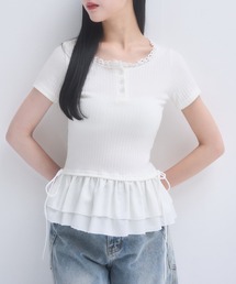 極美品♡エムプルミエ　クチュール　フリルネック 半袖ニット ホワイト フリルネック」に該当するホワイト/白色系のファッション通販