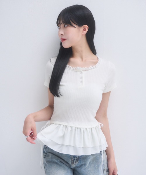 mellowneon（メロウネオン）の「ヘンリーネックフリルドッキングトップス（Tシャツ/カットソー・レディース・アイボリー・FREE）」の12枚目の写真