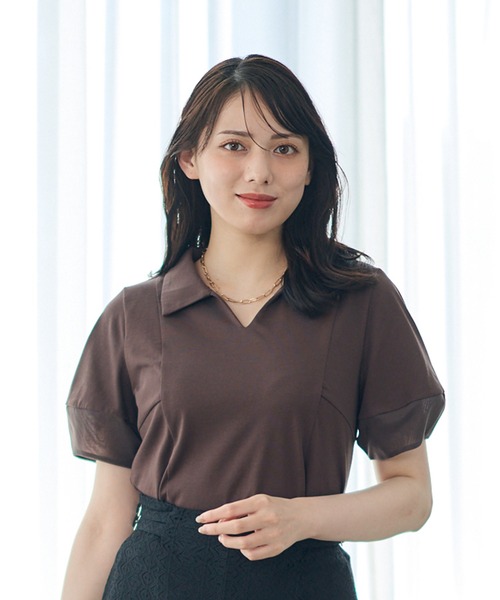 12Twelve Agenda(トゥエルブ アジェンダ)の「ポロ衿袖シアーカットソープルオーバー(Tシャツ/カットソー・レディース・ブラウン/グレイッシュベージュ/ブラック・M)」の2枚目の写真