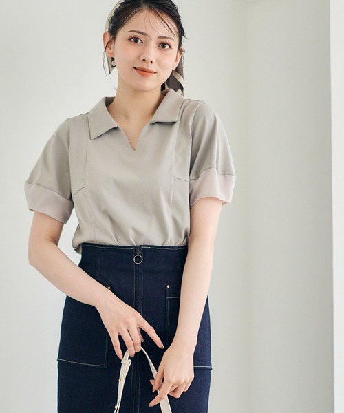 12Twelve Agenda(トゥエルブ アジェンダ)の「ポロ衿袖シアーカットソープルオーバー(Tシャツ/カットソー・レディース・ブラウン/グレイッシュベージュ/ブラック・M)」の3枚目の写真