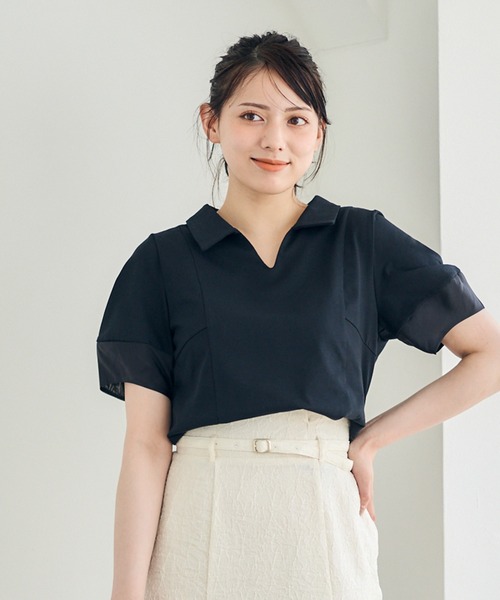 12Twelve Agenda(トゥエルブ アジェンダ)の「ポロ衿袖シアーカットソープルオーバー(Tシャツ/カットソー・レディース・ブラウン/グレイッシュベージュ/ブラック・M)」の1枚目の写真