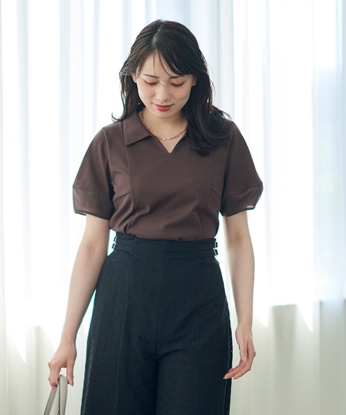 12Twelve Agenda(トゥエルブ アジェンダ)の「ポロ衿袖シアーカットソープルオーバー(Tシャツ/カットソー・レディース・ブラウン/グレイッシュベージュ/ブラック・M)」の6枚目の写真