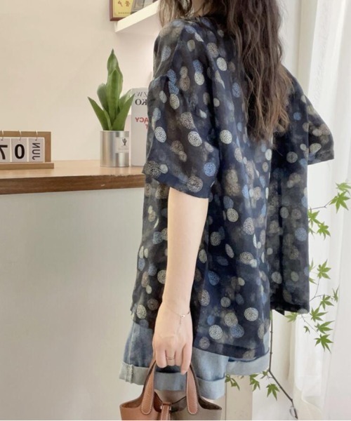 伸縮性 刺繍ベルスリーブトップス♢イタリア系セレクトショップ セール】肩タックフレンチスリーブトップス（Tシャツ/カットソー
