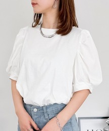 【二の腕カバー華奢見え 】ラウンドネックパフスリーブ半袖Tシャツ