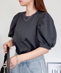 【二の腕カバー華奢見え 】ラウンドネックパフスリーブ半袖Tシャツ