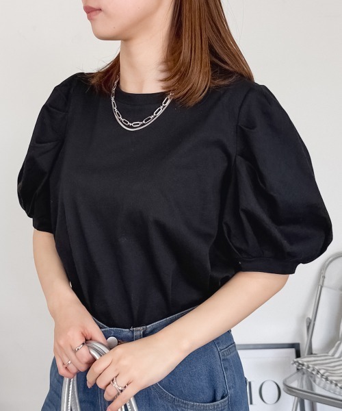 RCD(アールシーディー)の「【二の腕カバー華奢見え 】ラウンドネックパフスリーブ半袖Tシャツ(Tシャツ/カットソー・レディース・ブラック/ホワイト/ミント/チャコールグレー/グレイッシュベージュ・M-L/4L~5L/LL~3L)」の15枚目の写真