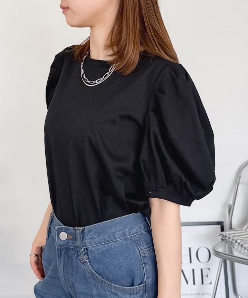 RCD(アールシーディー)の「【二の腕カバー華奢見え 】ラウンドネックパフスリーブ半袖Tシャツ(Tシャツ/カットソー・レディース・ブラック/ホワイト/ミント/チャコールグレー/グレイッシュベージュ・M-L/4L~5L/LL~3L)」の16枚目の写真