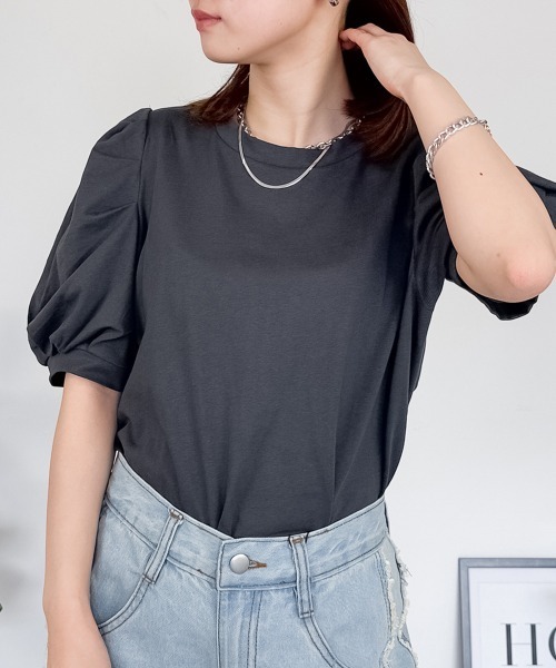 RCD(アールシーディー)の「【二の腕カバー華奢見え 】ラウンドネックパフスリーブ半袖Tシャツ(Tシャツ/カットソー・レディース・ブラック/ホワイト/ミント/チャコールグレー/グレイッシュベージュ・M-L/4L~5L/LL~3L)」の18枚目の写真