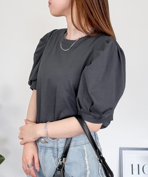 RCD(アールシーディー)の「【二の腕カバー華奢見え 】ラウンドネックパフスリーブ半袖Tシャツ(Tシャツ/カットソー・レディース・ブラック/ホワイト/ミント/チャコールグレー/グレイッシュベージュ・M-L/4L~5L/LL~3L)」の19枚目の写真