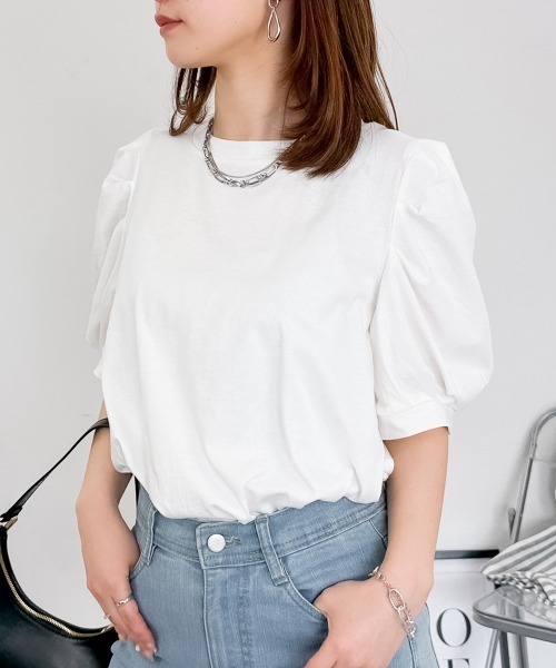RCD(アールシーディー)の「【二の腕カバー華奢見え 】ラウンドネックパフスリーブ半袖Tシャツ(Tシャツ/カットソー・レディース・ブラック/ホワイト/ミント/チャコールグレー/グレイッシュベージュ・M-L/4L~5L/LL~3L)」の12枚目の写真