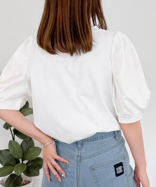 RCD(アールシーディー)の「【二の腕カバー華奢見え 】ラウンドネックパフスリーブ半袖Tシャツ(Tシャツ/カットソー・レディース・ブラック/ホワイト/ミント/チャコールグレー/グレイッシュベージュ・M-L/4L~5L/LL~3L)」の14枚目の写真