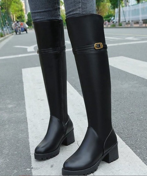 ブラックニーハイブーツ バックジッパー ベルト付き ニーハイブーツ レディース バックジッパー ロングブーツ