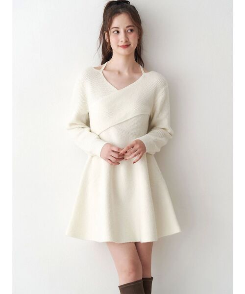 CALNAMUR(カルナムール)の「クロスデザインニットミニワンピース(ワンピース・レディース・オフホワイト/ライトグレー/ベージュ・FREE)」の9枚目の写真