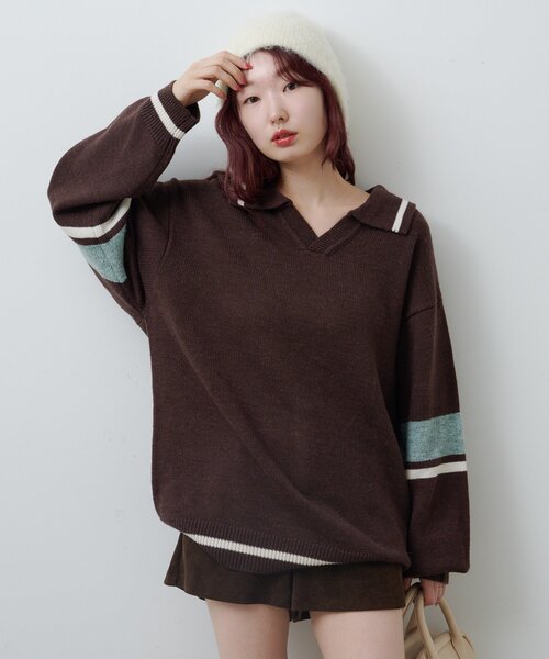 Kastane（カスタネ）の「【S.Mサイズ展開】スキッパーラインニットプルオーバー（ニット/セーター・レディース・ブラウン/アイボリー/ブラック・SMALL/MEDIUM）」の7枚目の写真