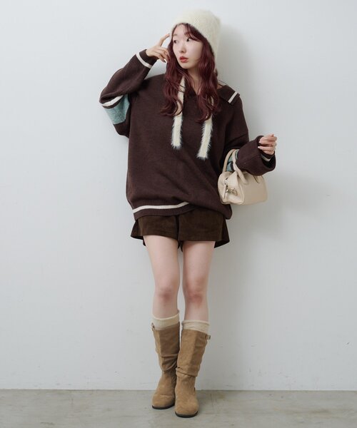 Kastane（カスタネ）の「【S.Mサイズ展開】スキッパーラインニットプルオーバー（ニット/セーター・レディース・ブラウン/アイボリー/ブラック・SMALL/MEDIUM）」の11枚目の写真