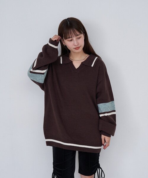 Kastane（カスタネ）の「【S.Mサイズ展開】スキッパーラインニットプルオーバー（ニット/セーター・レディース・ブラウン/アイボリー/ブラック・SMALL/MEDIUM）」の15枚目の写真