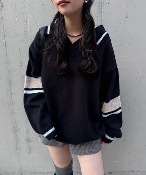 セール】【S.Mサイズ展開】スキッパーラインニットプルオーバー