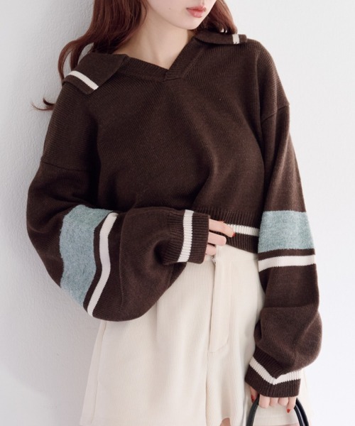 Kastane（カスタネ）の「【S.Mサイズ展開】スキッパーラインニットプルオーバー（ニット/セーター・レディース・ブラウン/アイボリー/ブラック・SMALL/MEDIUM）」の3枚目の写真