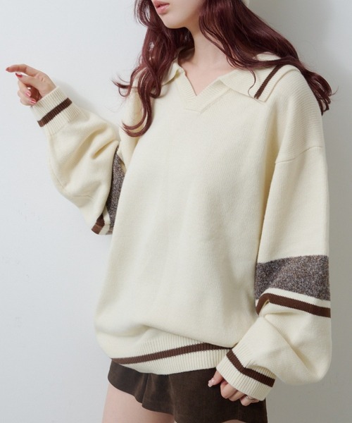 Kastane（カスタネ）の「【S.Mサイズ展開】スキッパーラインニットプルオーバー（ニット/セーター・レディース・ブラウン/アイボリー/ブラック・SMALL/MEDIUM）」の2枚目の写真