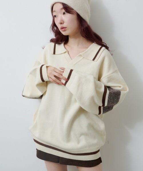 Kastane（カスタネ）の「【S.Mサイズ展開】スキッパーラインニットプルオーバー（ニット/セーター・レディース・ブラウン/アイボリー/ブラック・SMALL/MEDIUM）」の4枚目の写真