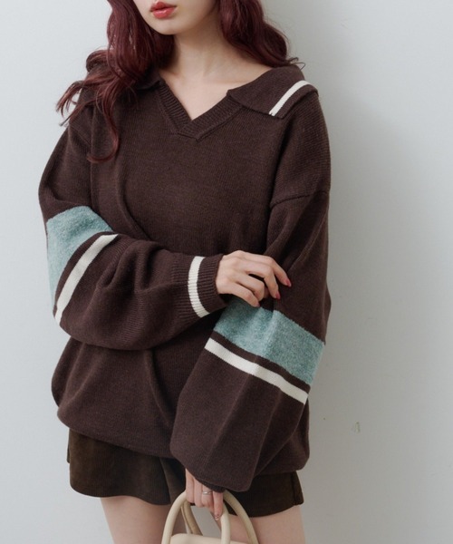 Kastane（カスタネ）の「【S.Mサイズ展開】スキッパーラインニットプルオーバー（ニット/セーター・レディース・ブラウン/アイボリー/ブラック・SMALL/MEDIUM）」の5枚目の写真