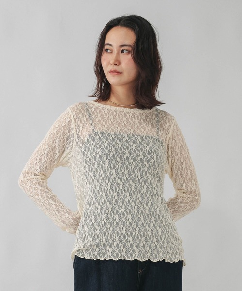 GLOBAL WORK(グローバルワーク)の「ストレッチ総レースプルオーバー長袖/580886(Tシャツ/カットソー・レディース・ブラック/ホワイト/ダークブラウン/コーラルピンク/ダークグレー/ホワイト系その他3・LARGE/MEDIUM/SMALL/X-LARGE)」の2枚目の写真