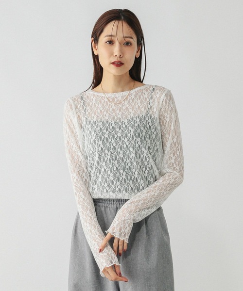 GLOBAL WORK（グローバルワーク）の「ストレッチ総レースプルオーバー長袖/580886（Tシャツ/カットソー・レディース・ブラック/ホワイト・LARGE/MEDIUM）」の5枚目の写真