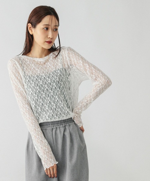 GLOBAL WORK（グローバルワーク）の「ストレッチ総レースプルオーバー長袖/580886（Tシャツ/カットソー・レディース・ブラック/ホワイト・LARGE/MEDIUM）」の6枚目の写真