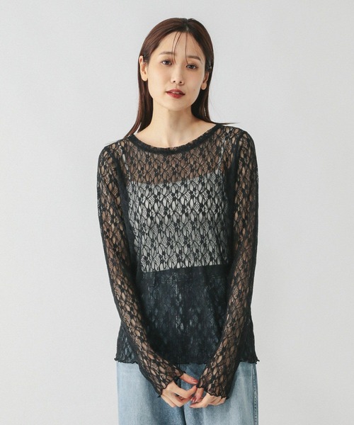 GLOBAL WORK（グローバルワーク）の「ストレッチ総レースプルオーバー長袖/580886（Tシャツ/カットソー・レディース・ブラック/ホワイト・LARGE/MEDIUM）」の9枚目の写真