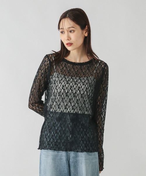 GLOBAL WORK（グローバルワーク）の「ストレッチ総レースプルオーバー長袖/580886（Tシャツ/カットソー・レディース・ブラック/ホワイト・LARGE/MEDIUM）」の11枚目の写真