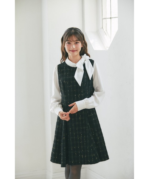 サイドリボン付きツイードドッキングミニワンピース（ワンピース