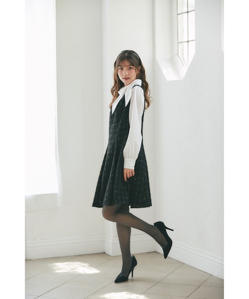 tocco closet（トッコ　クローゼット）の「サイドリボン付きツイードドッキングミニワンピース（ワンピース・レディース・ブラック/グレー・M）」の3枚目の写真