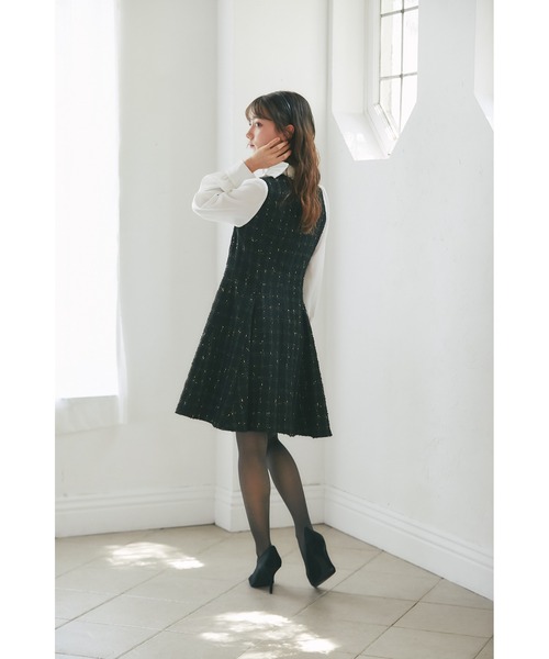 tocco closet（トッコ　クローゼット）の「サイドリボン付きツイードドッキングミニワンピース（ワンピース・レディース・ブラック/グレー・M）」の4枚目の写真