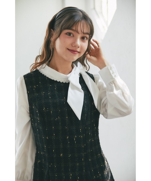 tocco closet（トッコ　クローゼット）の「サイドリボン付きツイードドッキングミニワンピース（ワンピース・レディース・ブラック/グレー・M）」の6枚目の写真