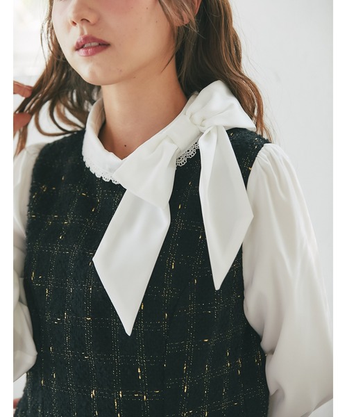 tocco closet（トッコ　クローゼット）の「サイドリボン付きツイードドッキングミニワンピース（ワンピース・レディース・ブラック/グレー・M）」の7枚目の写真