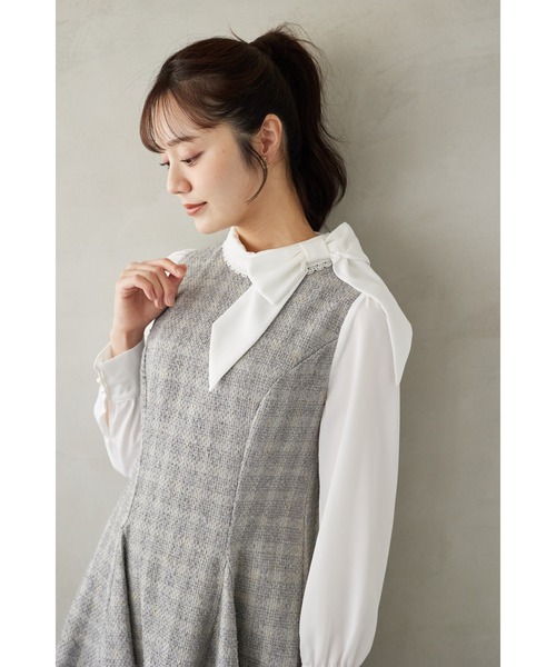 tocco closet（トッコ　クローゼット）の「サイドリボン付きツイードドッキングミニワンピース（ワンピース・レディース・ブラック/グレー・M）」の13枚目の写真