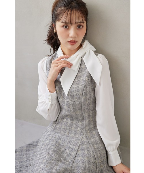 tocco closet（トッコ　クローゼット）の「サイドリボン付きツイードドッキングミニワンピース（ワンピース・レディース・ブラック/グレー・M）」の12枚目の写真