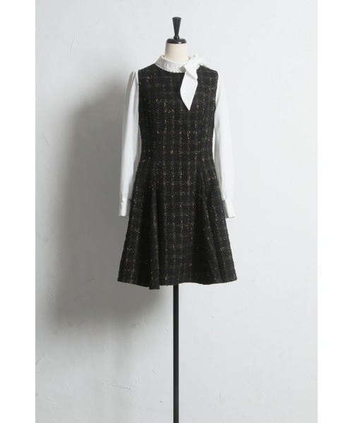 tocco closet（トッコ　クローゼット）の「サイドリボン付きツイードドッキングミニワンピース（ワンピース・レディース・ブラック/グレー・M）」の14枚目の写真
