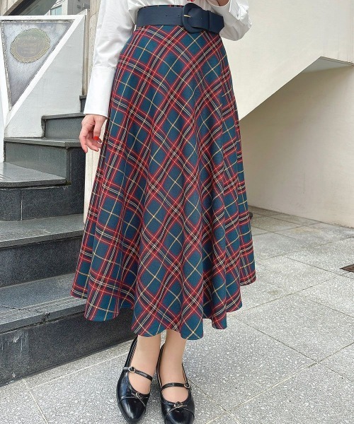 an another angelus（アンアナザーアンジェラス）の「太ベルト付きチェックフレアースカート（スカート・レディース・ブラウン/ブラック/ブルーグリーン・FREE）」の3枚目の写真