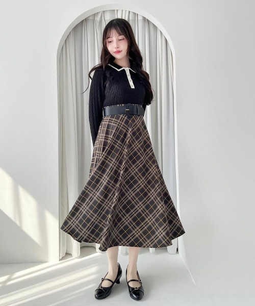 an another angelus（アンアナザーアンジェラス）の「太ベルト付きチェックフレアースカート（スカート・レディース・ブラウン/ブラック/ブルーグリーン・FREE）」の10枚目の写真